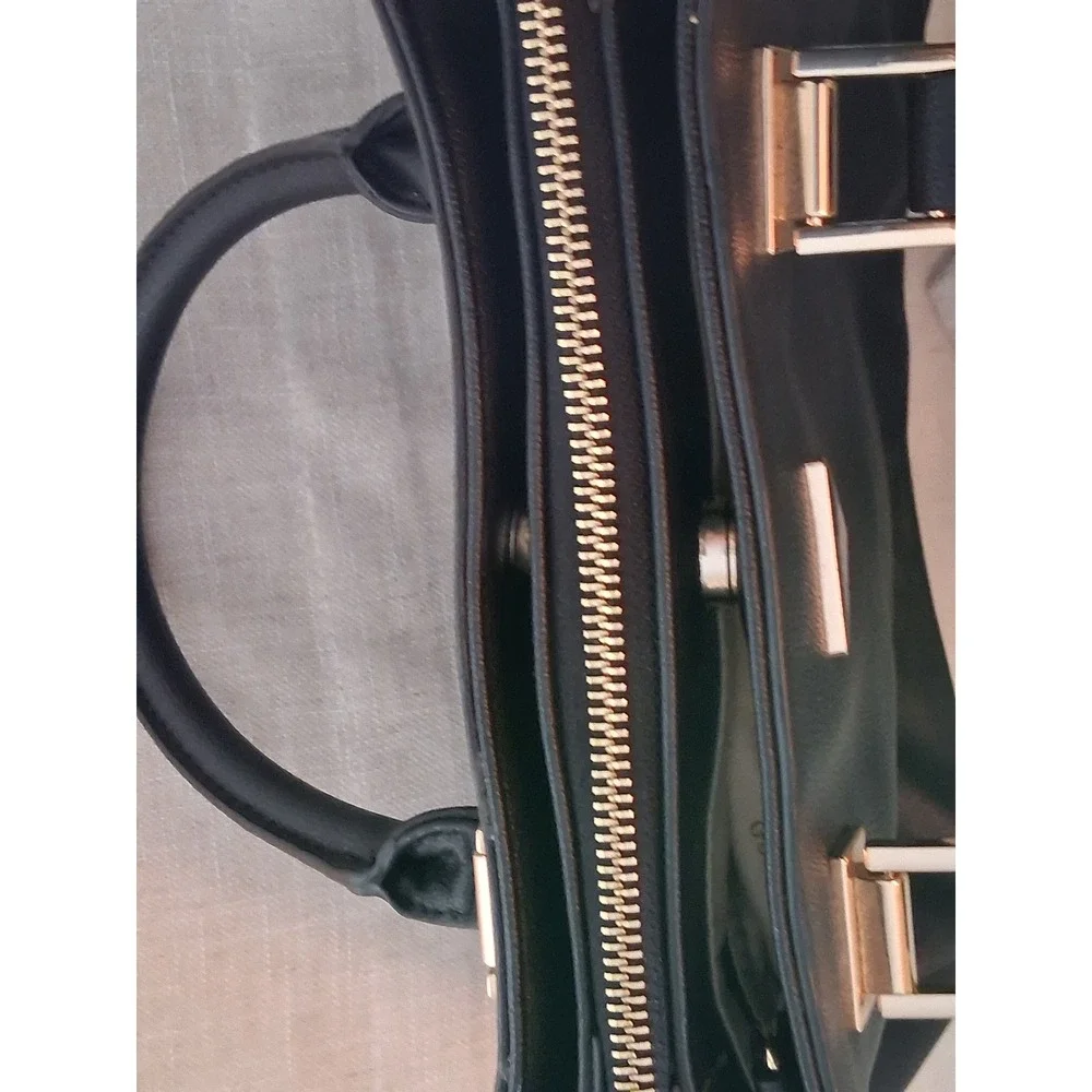GUESS Black Faux Leather Satchel Handbag Gold Tone Hardware Logo Top Handle Bag